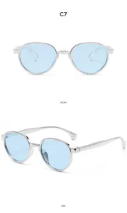 Detailed front and side view of silver metal round children's sunglasses with blue lenses