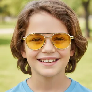 Kids vintage aviator sunglasses with gold double bridge metal frame and yellow lenses