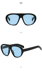 Vues de face et de profil de lunettes de soleil noires épaisses avec verres bleu clair