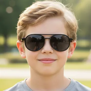 Kids vintage double bridge sunglasses with black round frames for outdoor UV protection