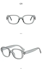 Detailansicht der transparenten grauen quadratischen Sonnenbrille mit Front- und Seitenprofil