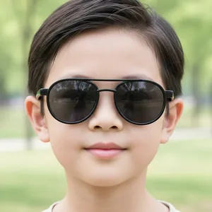 Kids vintage double bridge sunglasses with black frames and dark grey lenses for outdoors