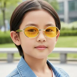 Kids vintage oval sunglasses with gold metal frame and yellow tinted lenses