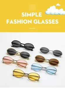 Detailed display of vintage oval kids sunglasses in seven assorted color combinations