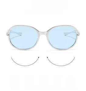 Vue détaillée de lunettes argentées aux verres bleus avec protection UV400 et HD