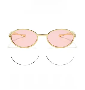 Detail view of oval metal frame sunglasses with UV400 pink lenses and slim temples