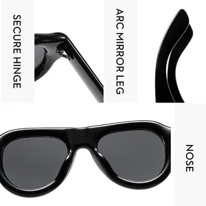 Detail view of durable hinges, ergonomic curved temples and integrated nose pads on sunglasses