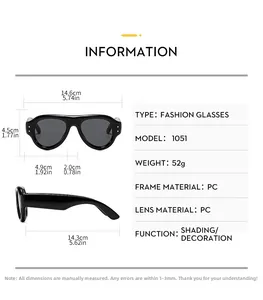 Detailed sizing chart and specifications for vintage oval sunglasses with PC frame