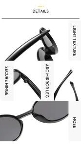 Close-up of durable metal hinges and lightweight ergonomic temples on black oval sunglasses