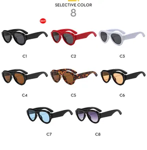 Detailed grid showing 8 color options for vintage oval pilot sunglasses with thick frames