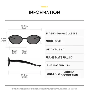 Detailed dimension chart for kids oval retro sunglasses with PC frame and lens specifications