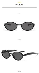Front and 45-degree side view of retro oval black sunglasses with dark lenses for kids