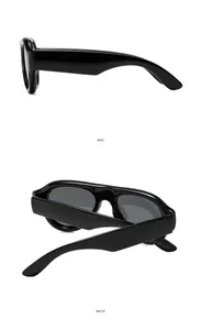 Side and back view of retro oval sunglasses with wide black frames and dark lenses