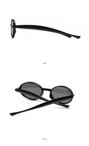 Detailed side and back view of kids vintage oval sunglasses with sleek black frames
