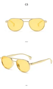 Detailed front and side views of vintage double-bridge kids sunglasses with yellow lenses
