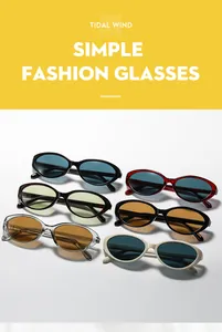 Detail view of six retro oval sunglasses in black, tortoiseshell and translucent frames