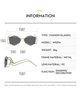 Tableau des tailles détaillé pour lunettes de soleil hip-hop sans monture avec mesures