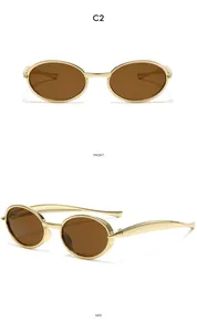 Detailed front and side views of oval golden metal sunglasses with brown lenses