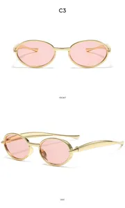 Detailed front and side view of oval pink vintage sunglasses with thin gold frame