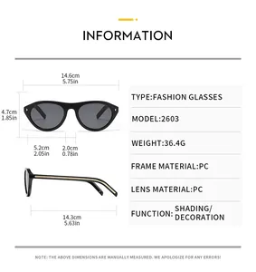 Detailed size chart for cat eye oval sunglasses showing specific dimensions and specs