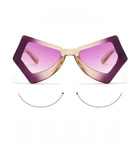 Detail of geometric pentagon sunglasses with purple to pink gradient lenses and UV400 protection