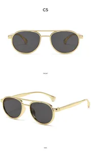 Front and side view of gold metal aviator sunglasses with C5 dark grey lenses