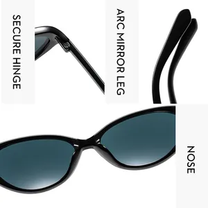 Detailed views of vintage oval sunglasses featuring secure hinges and arc mirror legs