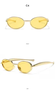 Front and side views of vintage oval metal sunglasses with yellow lenses in gold frame