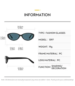 Detailed size chart of oval retro sunglasses showing frame dimensions and PC lens specs