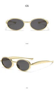 Front and side views of vintage oval sunglasses with gold frames and dark grey lenses