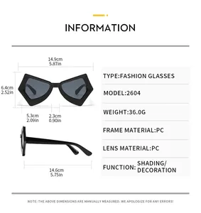 Size chart showing 14.9cm frame width and PC material specs for butterfly sunglasses