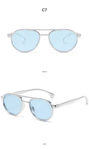 Front and side view of silver metal double-bridge aviator sunglasses with blue lenses