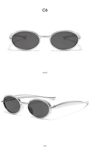 Front and side views of children's vintage oval sunglasses with silver frames and grey lenses