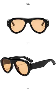 Front and side views of vintage pilot sunglasses with black frame and orange lenses