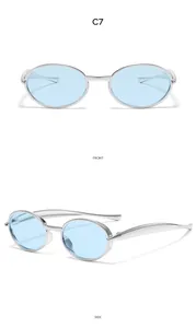 Front and side views of silver oval kids sunglasses with light blue lenses for outdoor use