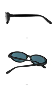 Side and back view of retro oval sunglasses with polished black frames and silver hinge rivets