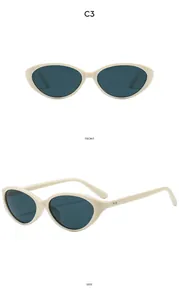 Front and side views of vintage cream oval sunglasses with dark lenses and stud details