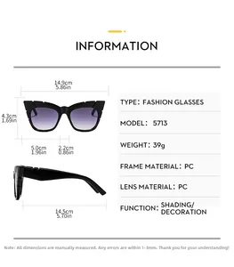 Detailed size chart for retro cat eye sunglasses showing frame width and lens height