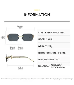 Detailed size chart for rimless square sunglasses with dimensions and specifications