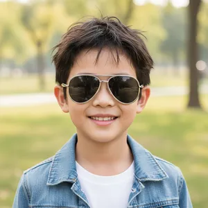 Classic silver metal double bridge aviator sunglasses for kids with dark lenses