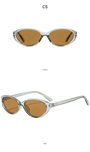 Front and side views of vintage oval cat-eye sunglasses with transparent grey frames