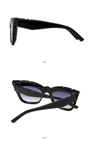 Detail view of thick geometric temples on vintage cat-eye sunglasses with side and back views