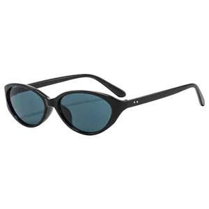 Retro oval sunglasses with glossy black frame and dark blue lenses in a stylish side view