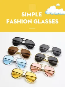 Collection of seven colorful aviator sunglasses for kids with diverse lens and frame colors