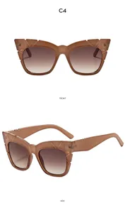 Detailed front and side views of tea-colored cat-eye sunglasses with geometric frames