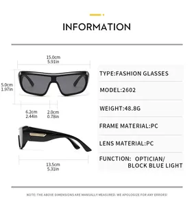 Detailed size chart for oversized hip-hop sunglasses with full frame dimensions and weight