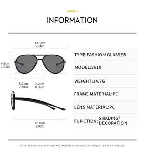 Detailed size specifications for classic double-bridge aviator sunglasses for kids