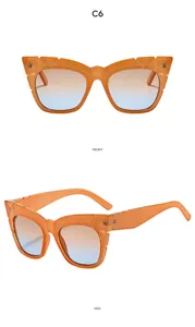 Front and side views of cat eye sunglasses with orange frames and gradient lenses
