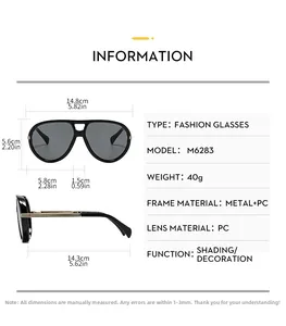 Detailed size chart for retro pilot sunglasses with precise frame measurements and specs