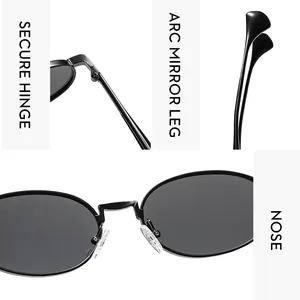 Detailed view of secure metal hinges and arc mirror legs on oval sunglasses